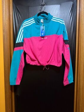 adidas Teal and Hot Pink Colorblock Cropped Pullover